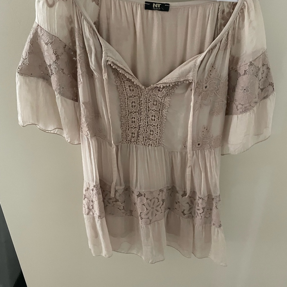 Tan Flutter Sleeve Ruffled Blouse - Picture 2 of 5